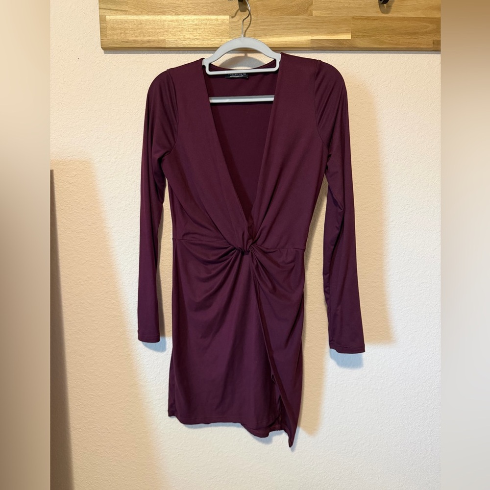 Fashion Nova Long Sleeve Twist Front Dress - Burgundy